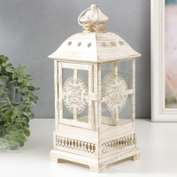 Подсвечник металл, стекло "Фонарь - круглый цветок" белый с патиной 12,5х12,5х30см