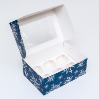 Новый год. Коробка для 6 капкейков с окном "Снежинки", 25 х 17 х 10 см, упаковка
