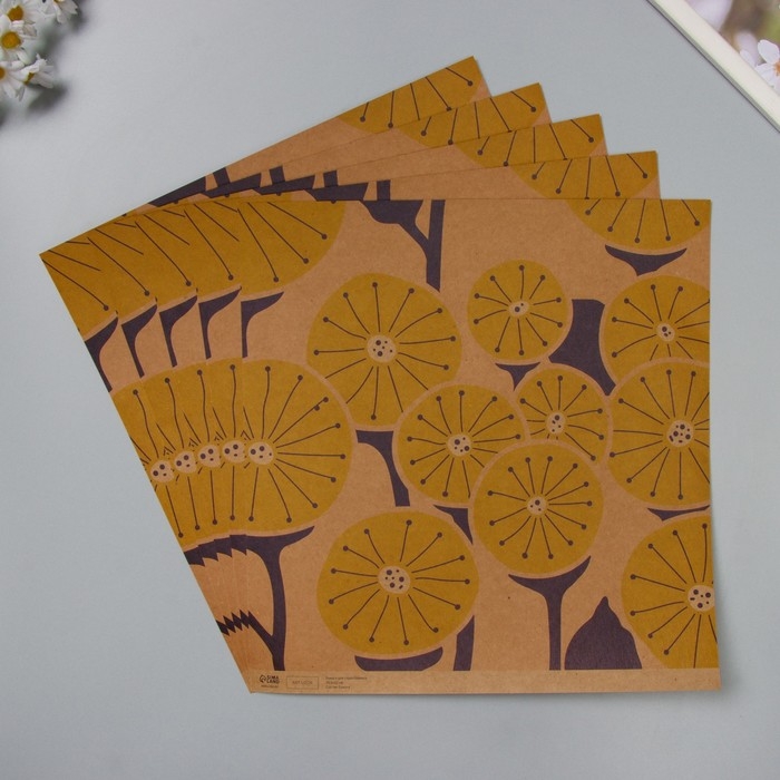 Бумага для скрапбукинга двусторонняя крафт "Цветы" плотность 180 гр набор 5 шт 30,5х32 см