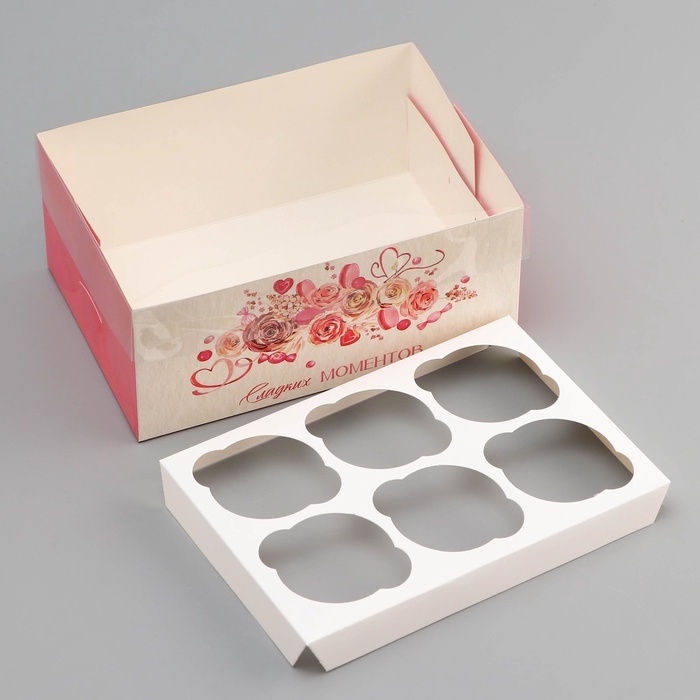 Коробка для 6 капкейков с прозрачной крышкой, Коробка для 6 капкейков с прозрачной крышкой, "Сладких моментов", 23 × 16 × 10 см, кондитерская упаковка