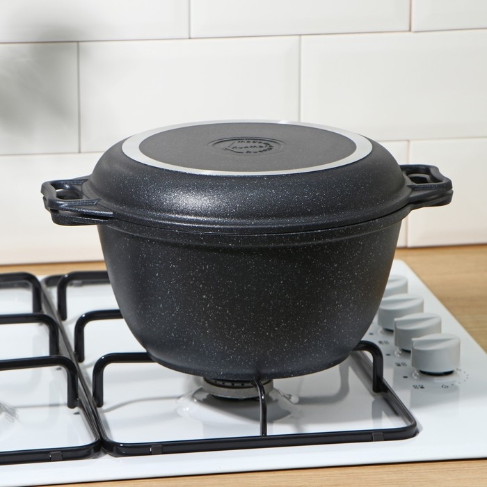 Казан с крышкой-сковородой, 3 л, литые ручки, антипригарное покрытие, цвет тёмный мрамор Казан с крышкой-сковородой, 3 л, литые ручки, антипригарное покрытие, цвет тёмный мрамор