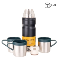 Набор "Мастер К": термос 680 мл и 3 кружки, сохраняет тепло 12 ч, черный