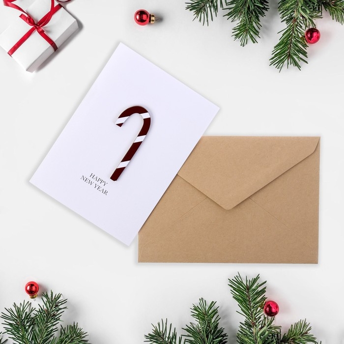 Открытка с деревянным элементом Открытка с деревянным элементом "Happy New Year!" ручная работа, трость, 14,7х10,5 см