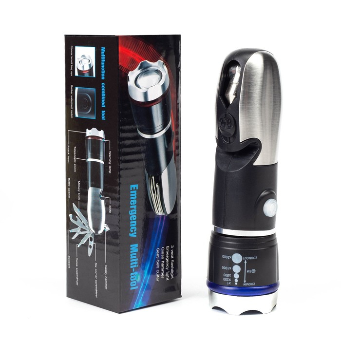 Фонарь многофункциональный мультитул 6 в 1, 3 Вт, 100 лм, OSL, zoom, аварийный молоток, стропорез 44 Фонарь многофункциональный мультитул 6 в 1, 3 Вт, 100 лм, OSL, zoom, аварийный молоток, стропорез 44