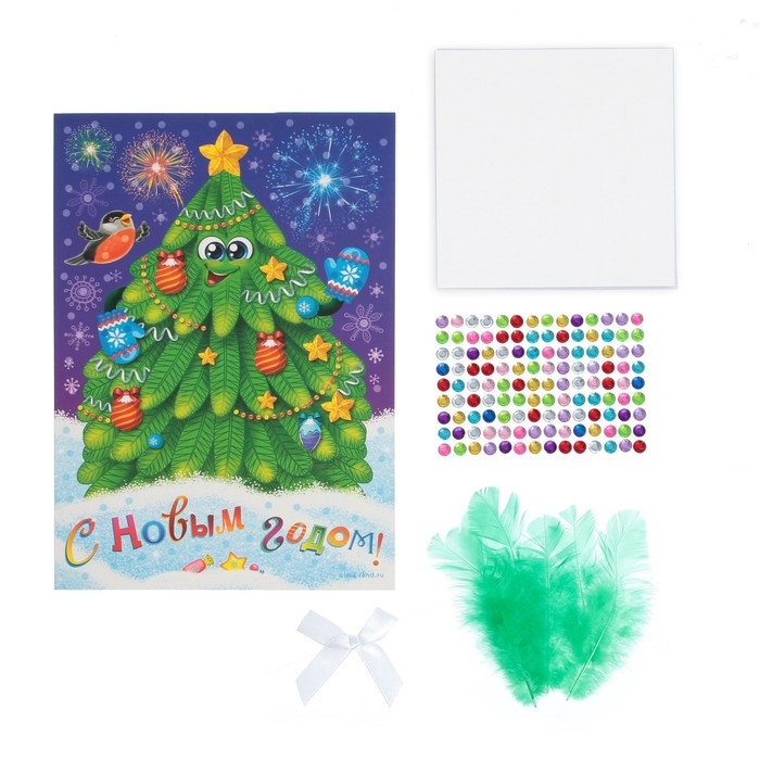 Аппликация перьями и стразами для детей на новый год &laquo;Ёлочка&raquo;, набор для творчества