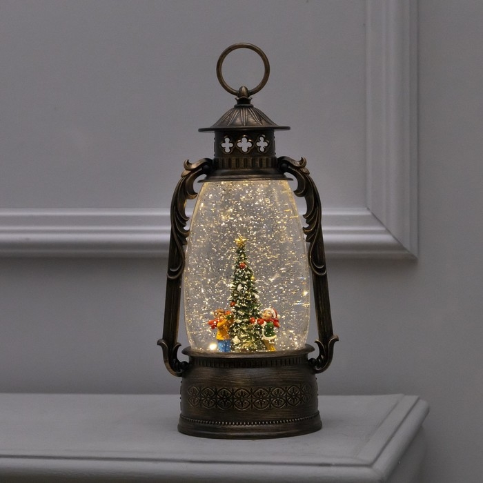 Светодиодная фигура &laquo;Фонарь с детьми и ёлкой&raquo; 15 &times; 30 &times; 12.5 см, пластик, батарейки ААх3 (не в комплекте), USB, свечение тёплое белое