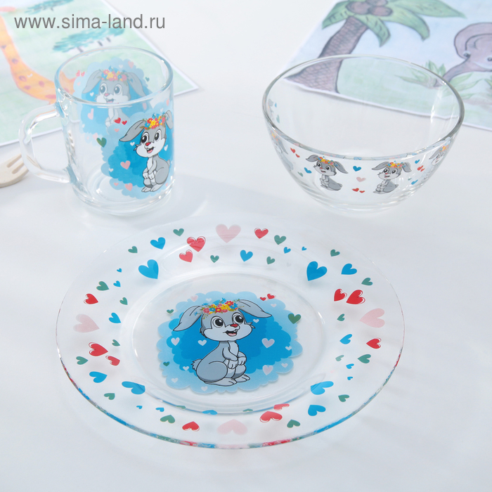 Набор детской посуды Доляна &laquo;Зайчонок&raquo;, 3 предмета: кружка 200 мл, миска 450 мл, тарелка d=20 см