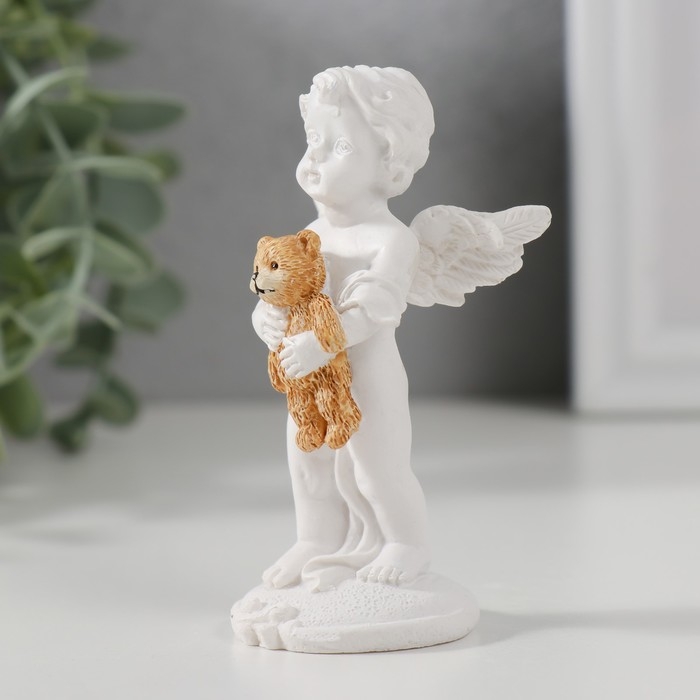 Сувенир полистоун "Белоснежный ангел стоит со своим медвежонком" 8х4,5х3,5 см