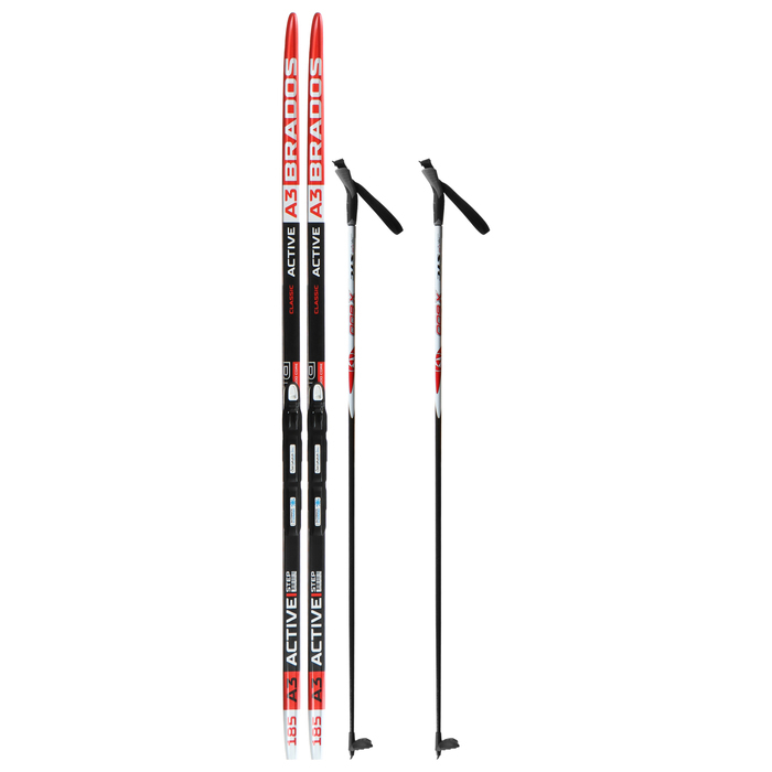 Комплект лыжный: пластиковые лыжи 185 см с насечкой, стеклопластиковые палки 145 см, крепления SNS, цвета МИКС Комплект лыжный: пластиковые лыжи 185 см с насечкой, стеклопластиковые палки 145 см, крепления SNS, цвета МИКС