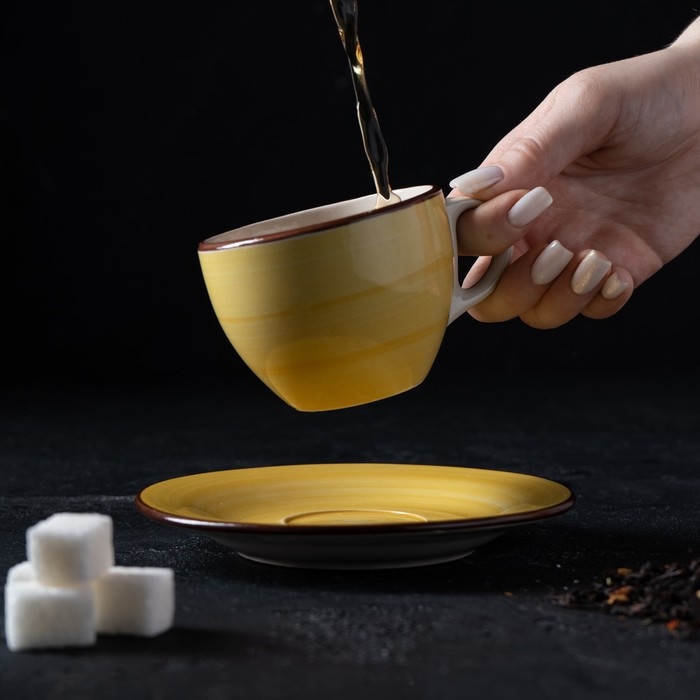 Чайная пара Доляна &laquo;Морской мир&raquo;, 2 предмета: чашка 200 мл, блюдце d=14,5 см, цвет жёлтый