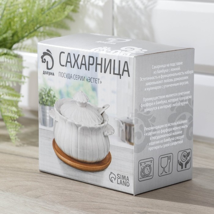 Сахарница фарфоровая с ложкой на деревянной подставке Доляна «Тюльпан», 350 мл, цвет белый Сахарница фарфоровая с ложкой на деревянной подставке Доляна «Тюльпан», 350 мл, цвет белый