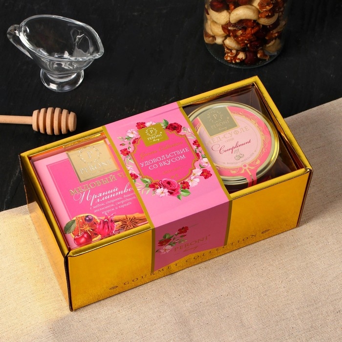 Набор Медовый пунш (Мёд-суфле Вишня с миндалем + чай Пряный глинтвейн в зол.упаковке) Набор Медовый пунш (Мёд-суфле Вишня с миндалем + чай Пряный глинтвейн в зол.упаковке)