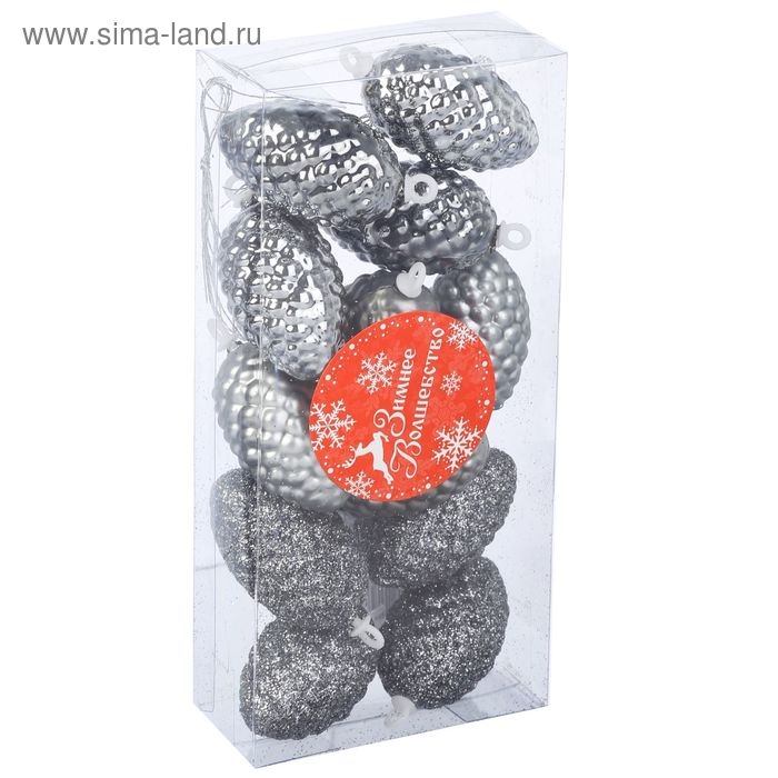 Украшение ёлочное "Шишки" (набор 12 шт) 4х2,5 см, серебро