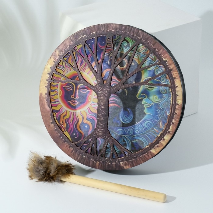 Шаманский бубен "Солнце и луна" с колотушкой 5х25х25 см