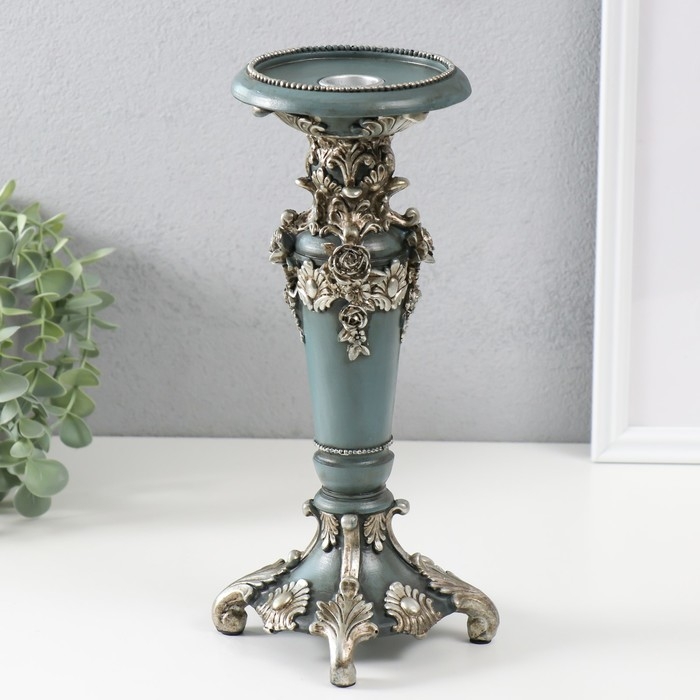 Подсвечник полистоун на 1 свечу Подсвечник полистоун на 1 свечу "Цветочная элегия" тёмно-серый серебро 10,5х10,5х27 см