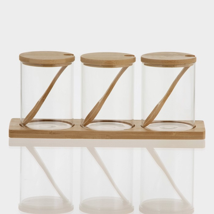 Банки стеклянные для хранения сыпучих продуктов &laquo;Эко&raquo;, 450 мл, 3 шт, с бамбуковой крышкой
