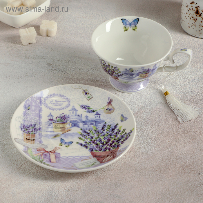 Чайная пара керамическая &laquo;Лавандовое поле&raquo;, 2 предмета: чашка 220 мл, блюдце d=15 см
