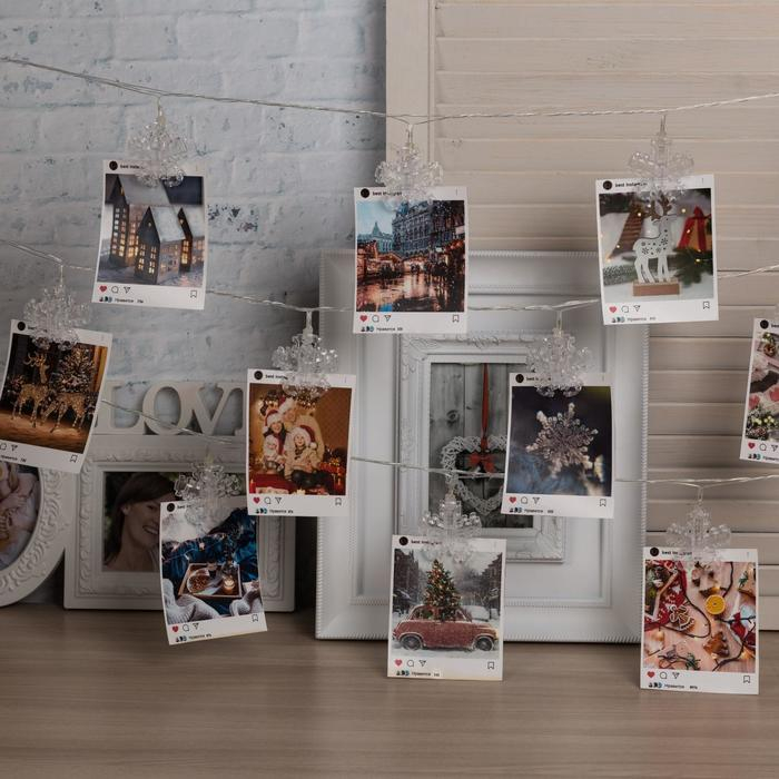 Гирлянда &laquo;Нить&raquo; 4.5 м с насадками &laquo;Прищепки-снежинки&raquo;, IP20, прозрачная нить, 20 LED, свечение тёплое белое, 220 В