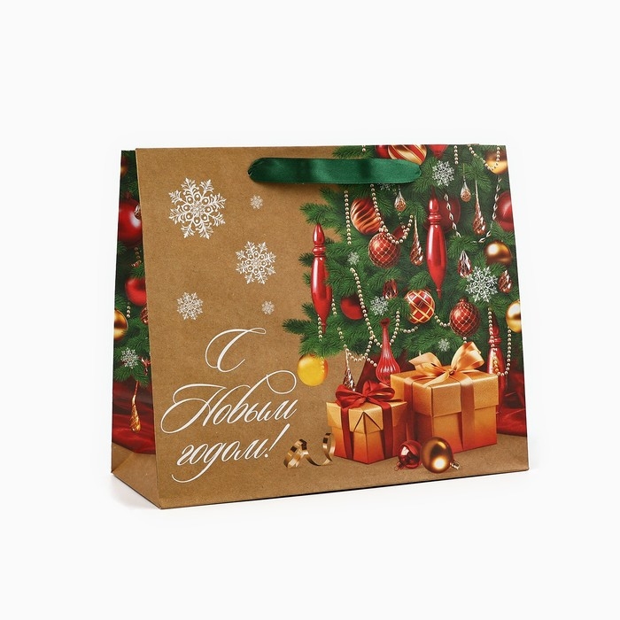 Пакет подарочный новогодний крафтовый вертикальный &laquo;С Новым годом&raquo;, ель, ML 23 х 27 х 11.5 см , Новый год