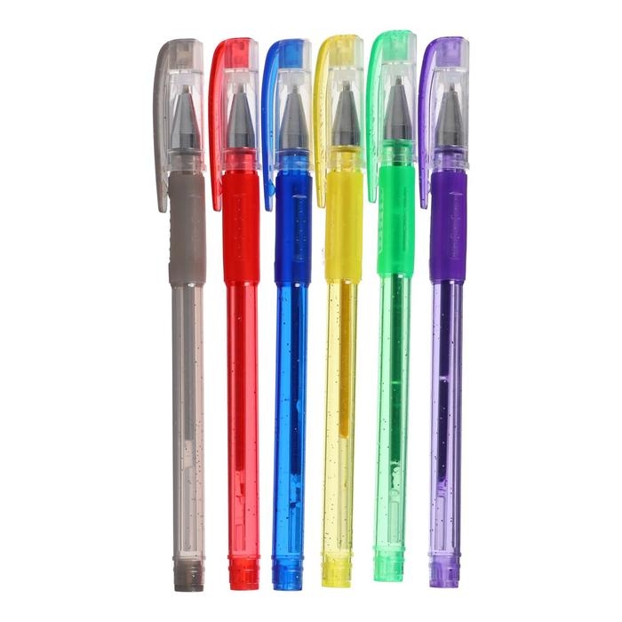 Набор гелевых ручек, 6 цветов, с блёстками, с резиновым держателем, в блистере Набор гелевых ручек, 6 цветов, с блёстками, с резиновым держателем, в блистере