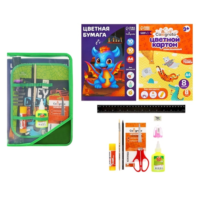 Папка для труда А4, молния вокруг, откидная планка, пластиковая, ПТР-1, с наполнением 10 предметов, для мальчика, Calligrata Папка для труда А4, молния вокруг, откидная планка, пластиковая, ПТР-1, с наполнением 10 предметов, для мальчика, Calligrata "Дино скейт"