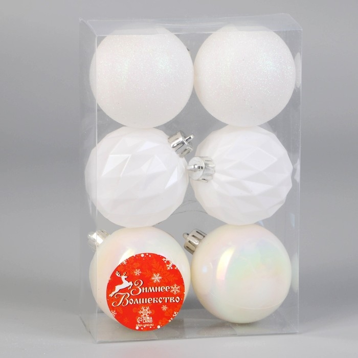 Ёлочные игрушки, шары новогодние , пластик, набор d-6 см, 6 шт "Перл" грани, белый