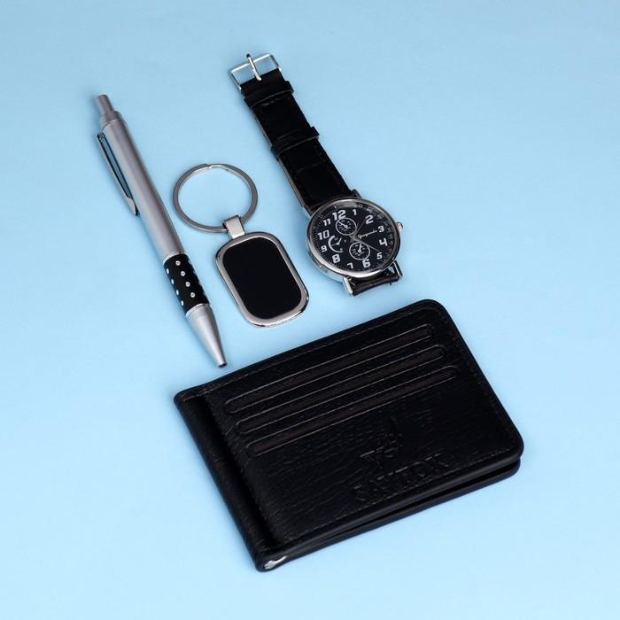 Набор подарочный 4в1 (ручка, кошелек, часы, брелок) , микс