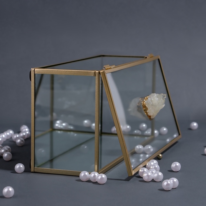 Органайзер для хранения &laquo;MOUNTAINS&raquo;, с крышкой, стеклянный, с зеркальным дном, 1 секция, 21,5 &times; 10,5 &times; 7,5 см, цвет прозрачный/медный