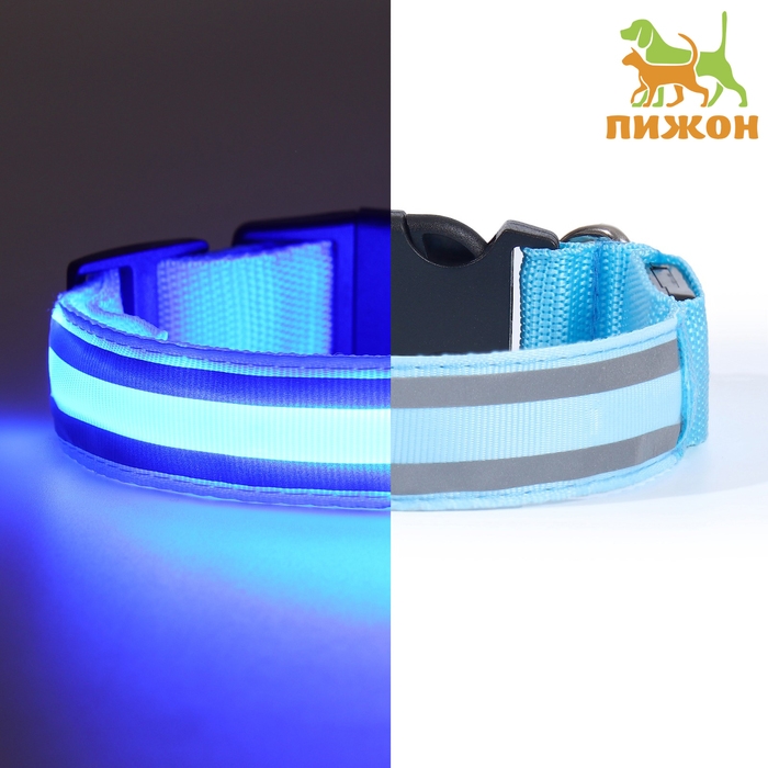 Ошейник с подсветкой Двойная полоса размер S, ОШ 35-43 х 2,5 см, 3 режима свечения голубой Ошейник с подсветкой Двойная полоса размер S, ОШ 35-43 х 2,5 см, 3 режима свечения голубой
