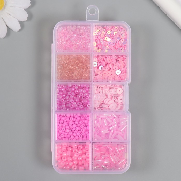 Бисер стекло 6/0, 12/0 в шкатулке "Розовый" стеклярус и пайетки 12,5х6,5х2 см