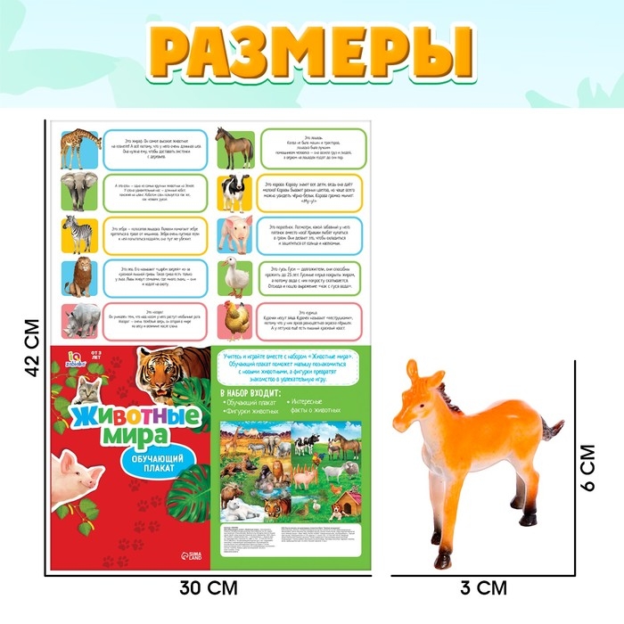 Обучающий набор &laquo;Весёлые животные&raquo;: животные и плакат, по методике Монтессори, 24 фигурки, 3+