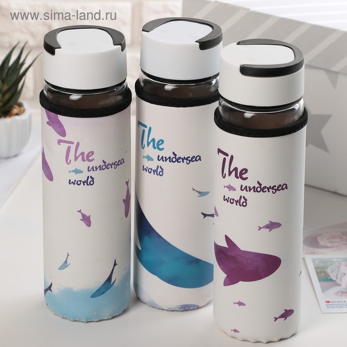 Бутылка для воды стеклянная с ручкой в чехле &laquo;Кит&raquo;, 500 мл, h=23,5 см, рисунок МИКС