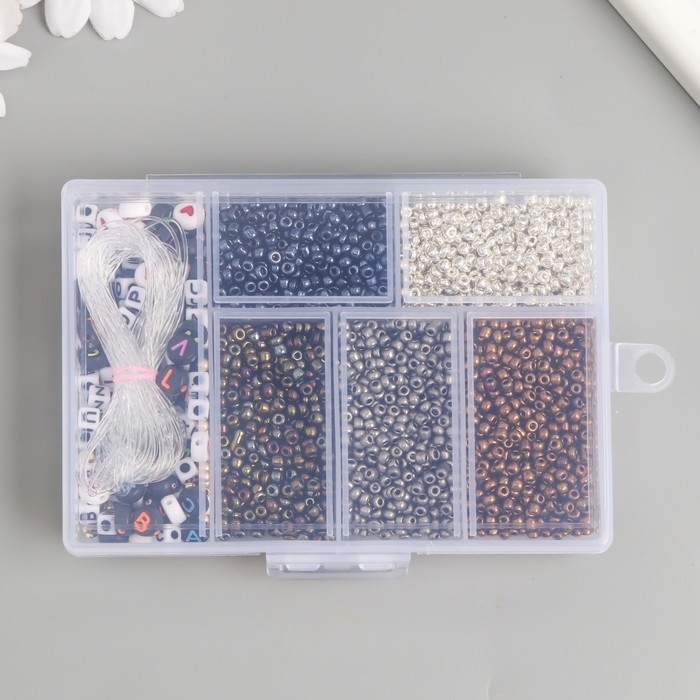 Бисер стекло 8/0 в шкатулке "Металлик" бусины + нить 0,8 мм 5 м 12х8,4х2,2 см