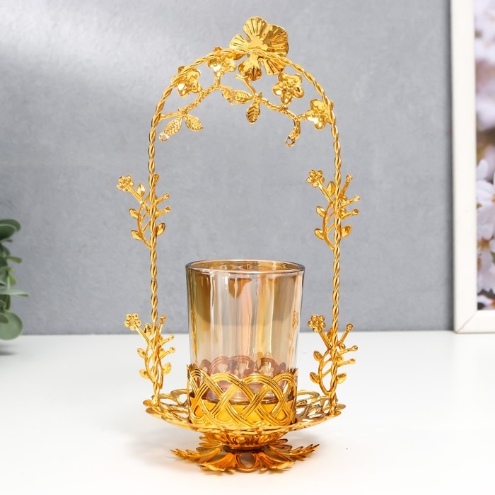 Подсвечник металл, стекло на 1 свечу Подсвечник металл, стекло на 1 свечу "Цветочная арка" d-5 см, золото 9,5х11х20 см