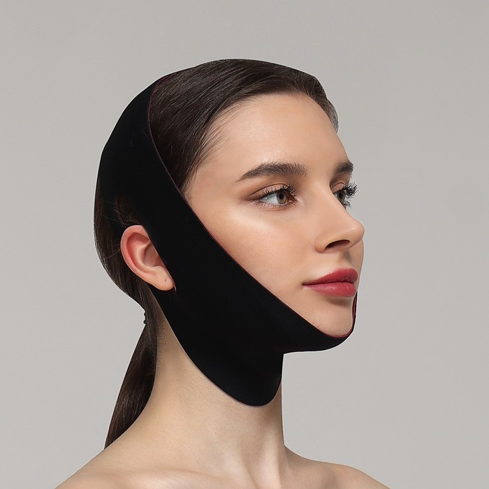 Маска текстильная для коррекции овала лица, на липучке, 62 &times; 9,5 см, цвет чёрный/розовый