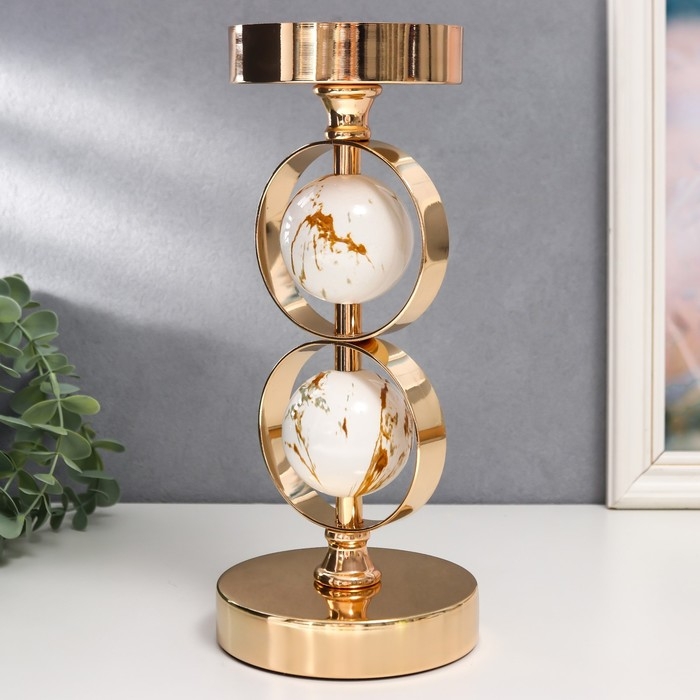 Подсвечник металл на 1 свечу Подсвечник металл на 1 свечу "Два белых мраморных шара в сферах" золото 27х12х12 см