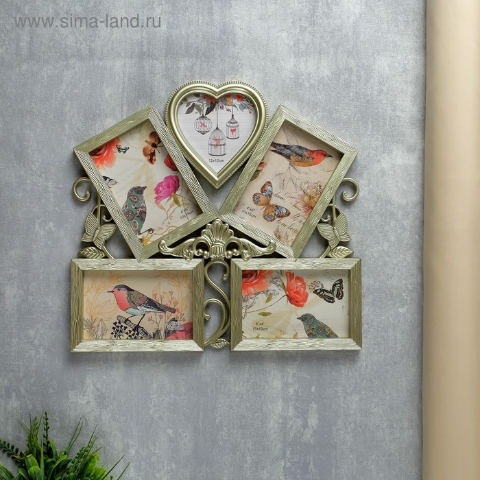 Фоторамка пластик на 5 фото 10х15, 12х12 см Фоторамка пластик на 5 фото 10х15, 12х12 см "Бабочки и вензель" золото 34,5х37 см