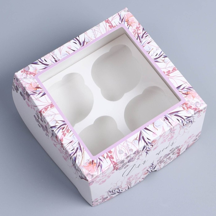 Коробка для капкейков, кондитерская упаковка с окном, 4 ячейки &laquo;Венок&raquo;, 16 х 16 х 10 см