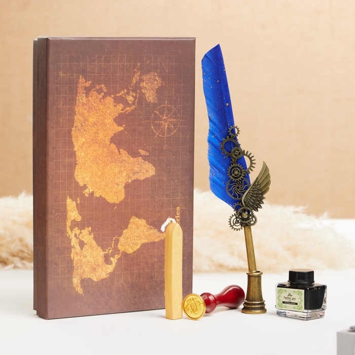 Набор подарочный 5в1 "Стимпанк": перьевая ручка синяя, чернила, наконечники, печать, воск