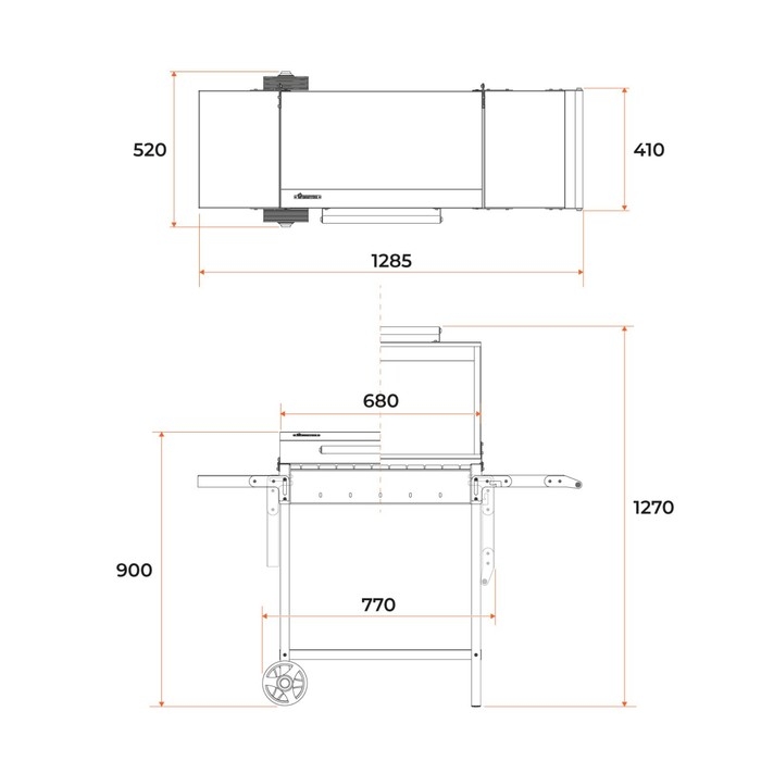 Мангал "MAH 203" 128,5 х 52 х 90,1 см, 2 мм, колеса, боковые полки, крышка