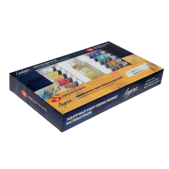Краска масляная художественная, набор 12 цветов х 18 мл, ЗХК Краска масляная художественная, набор 12 цветов х 18 мл, ЗХК "Ладога" подарочный, кисти 2 штуки, масло льняное 120 мл, 1241967