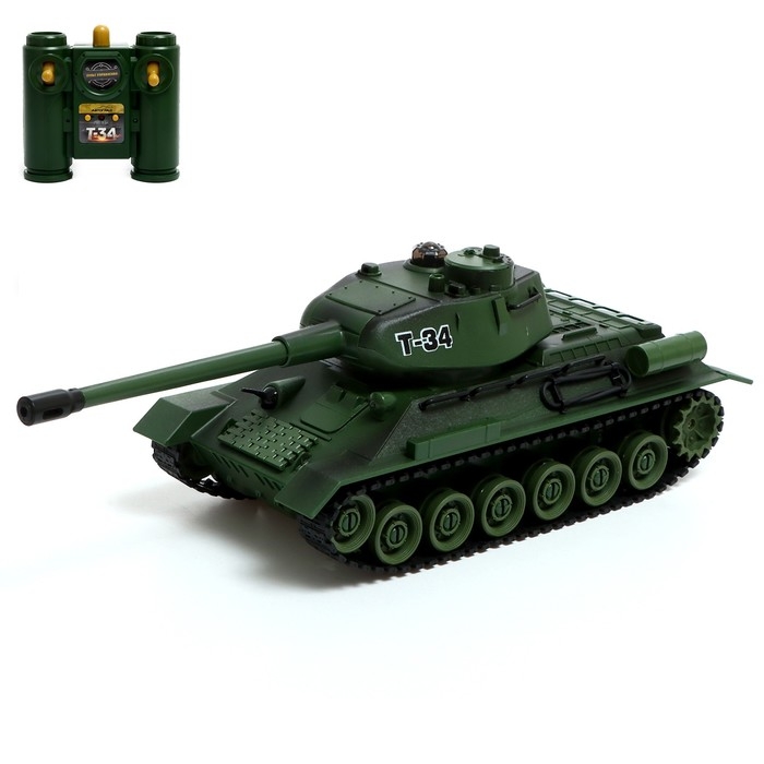 Танк &laquo;Т34&raquo;, радиоуправляемый, в комплекте бункер и бинокль, световые и звуковые эффекты, работает от аккумулятора, цвет зелёный