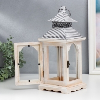 Подсвечник дерево "Фонарь с полосатой крышей" состаренный набор 2 шт 31х14х14 52х20х20 см