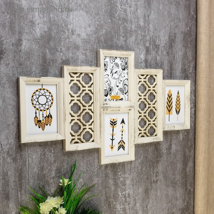 Фоторамка пластик на 4 фото 10х15 см Фоторамка пластик на 4 фото 10х15 см "Узор" бежевая 35х62х2 см