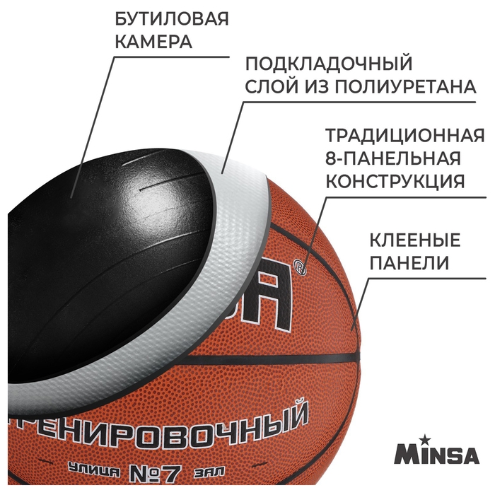 Баскетбольный мяч MINSA, тренировочный, клееный, 8 панелей, р. 7, PU, бутиловая камера Баскетбольный мяч MINSA, тренировочный, клееный, 8 панелей, р. 7, PU, бутиловая камера