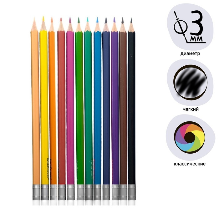 Карандаши 12 цветов ErichKrause ArtBerry премиум, пластик, шестигранные, 3.0 мм грифель, с ластиком, стираемые, картонная упаковка, европодвес