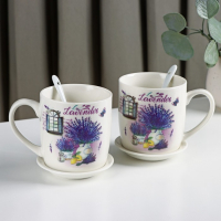 Набор кружек керамических с ложками и подставками &laquo;Букет лаванды&raquo;, 2 предмета: 330 мл, рисунок МИКС