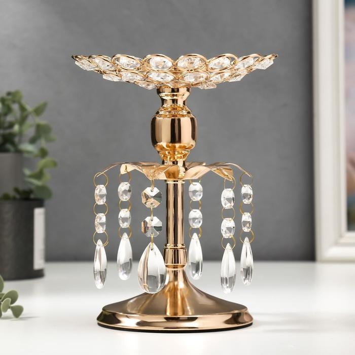 Подсвечник металл, стекло на 1 свечу Подсвечник металл, стекло на 1 свечу "Хрустальные подвески" золото 19,5х14,8х14,8 см