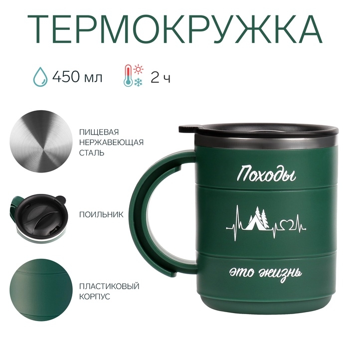 Термокружка Термокружка "Мастер К" Поход "Походы - это жизнь",450 мл,сохраняет тепло 2 ч,12.5 х 10.5 см