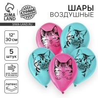 Воздушный шар латексный 12" &laquo;Котик&raquo;, 5 шт.